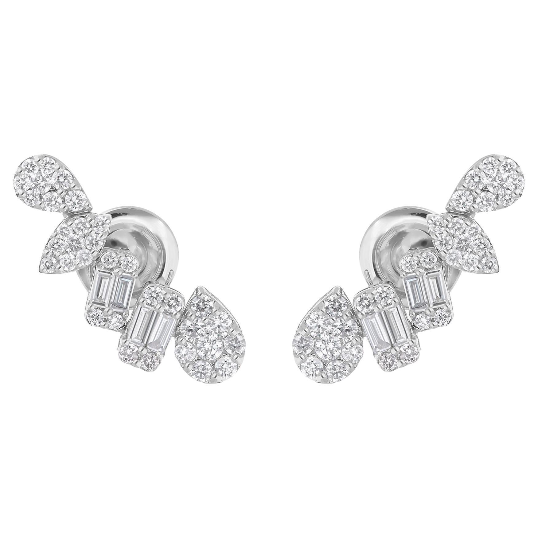 Natural 0.98 Carat Baguette & Round Diamond Earrings 14 Karat White Gold Jewelry For Sale