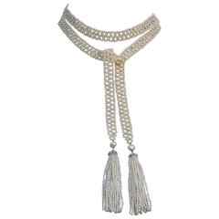 Long Woven Pearl Gold Sautoir Necklace with Tassels