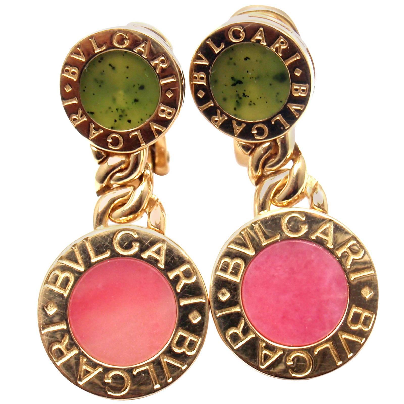 Bulgari Jade Rhodochrosite Gold Signature Earrings