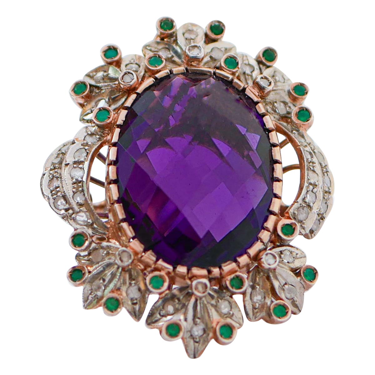Hydrothermal Amethyst, Green Agate, Diamonds, 14 Kt Rose Gold and Silver Ring. For Sale