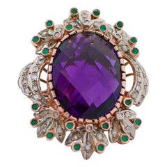 Retro Hydrothermal Amethyst, Green Agate, Diamonds, 14 Kt Rose Gold and Silver Ring.