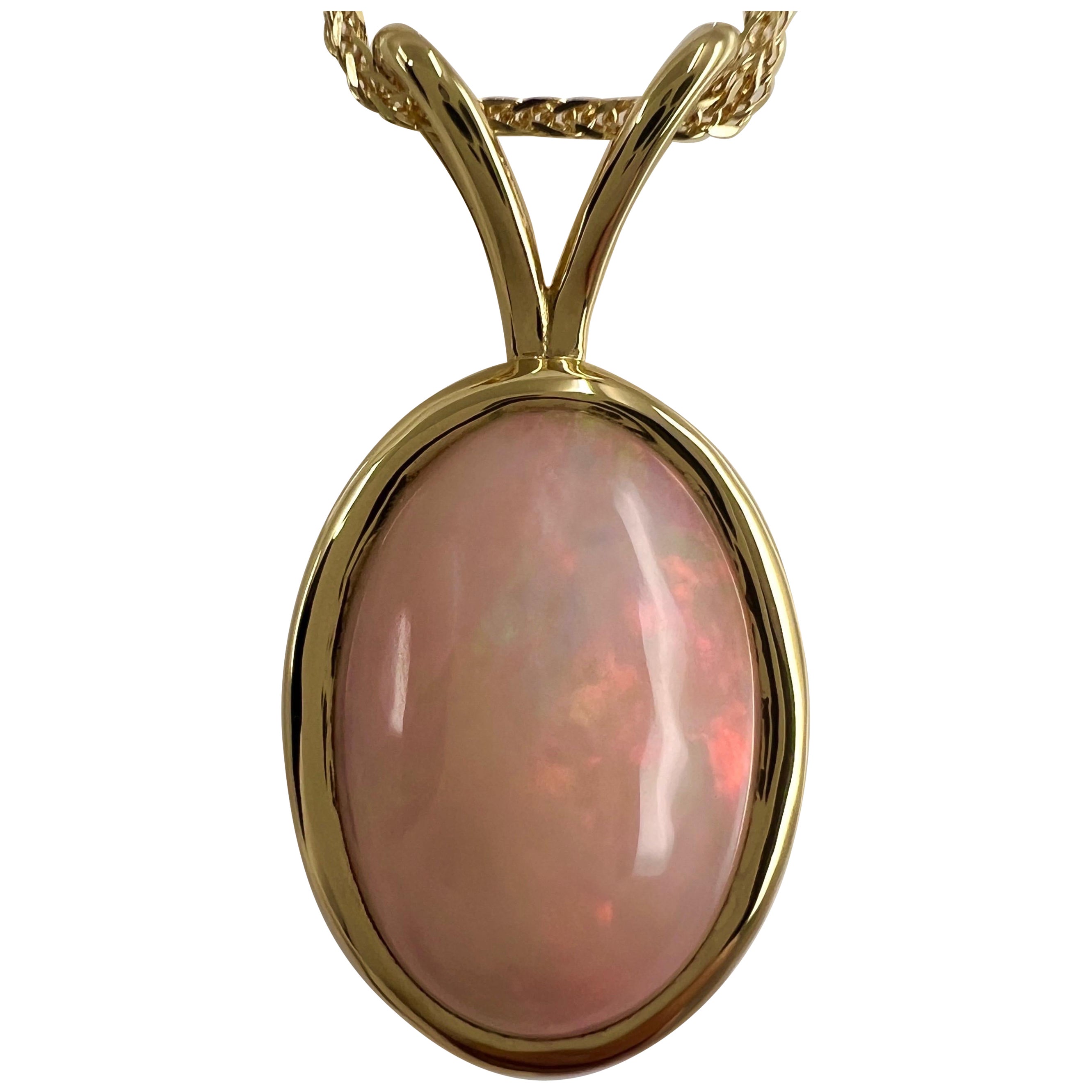 6.15ct Fine White Opal Oval Cabochon 18k Yellow Gold Bezel Pendant Necklace For Sale