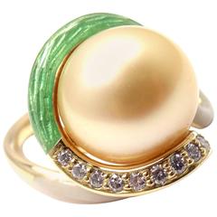 Mikimoto Large Enamel 12mm Golden Pearl Diamond Gold Ring