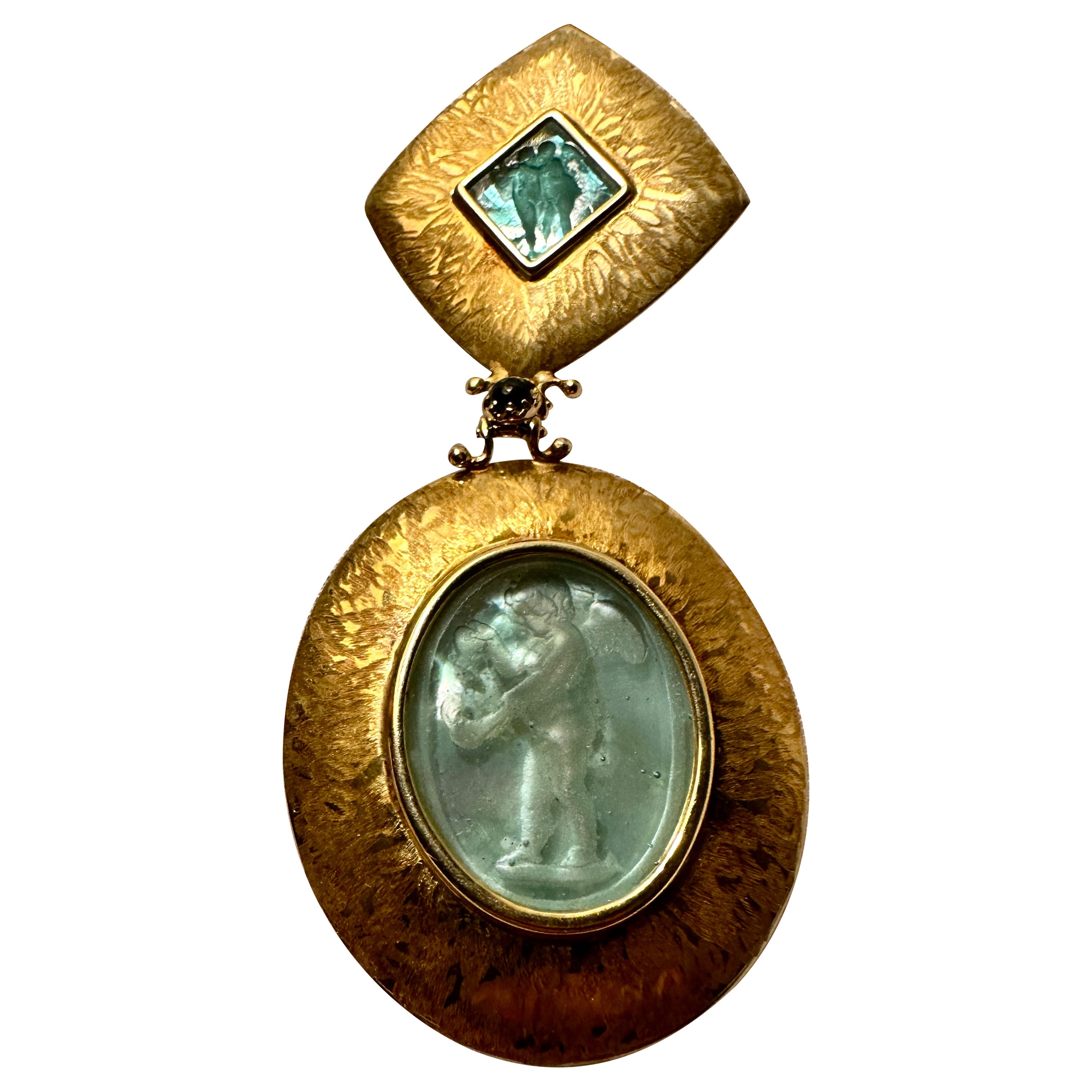 Cherub Angel Intaglio Pendant Necklace Topaz 14 Karat Gold 3.5 Inches Venetian For Sale