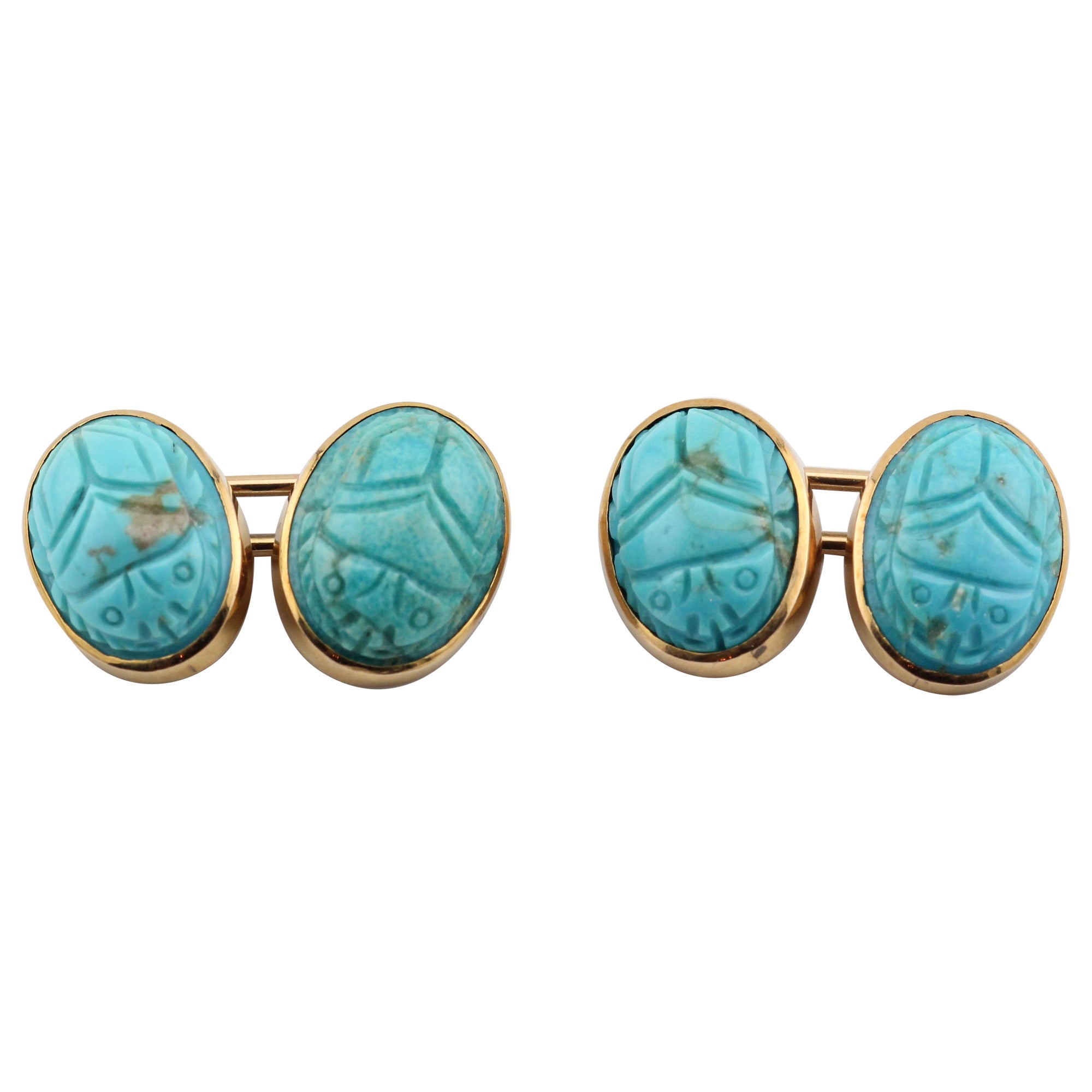 Shreve & Co. Vintage Scarab Cufflinks with Turquoise in 14k Gold