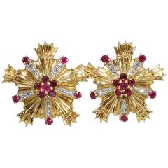 1940s Tiffany & Co. Retro Ruby Diamond Gold Earrings