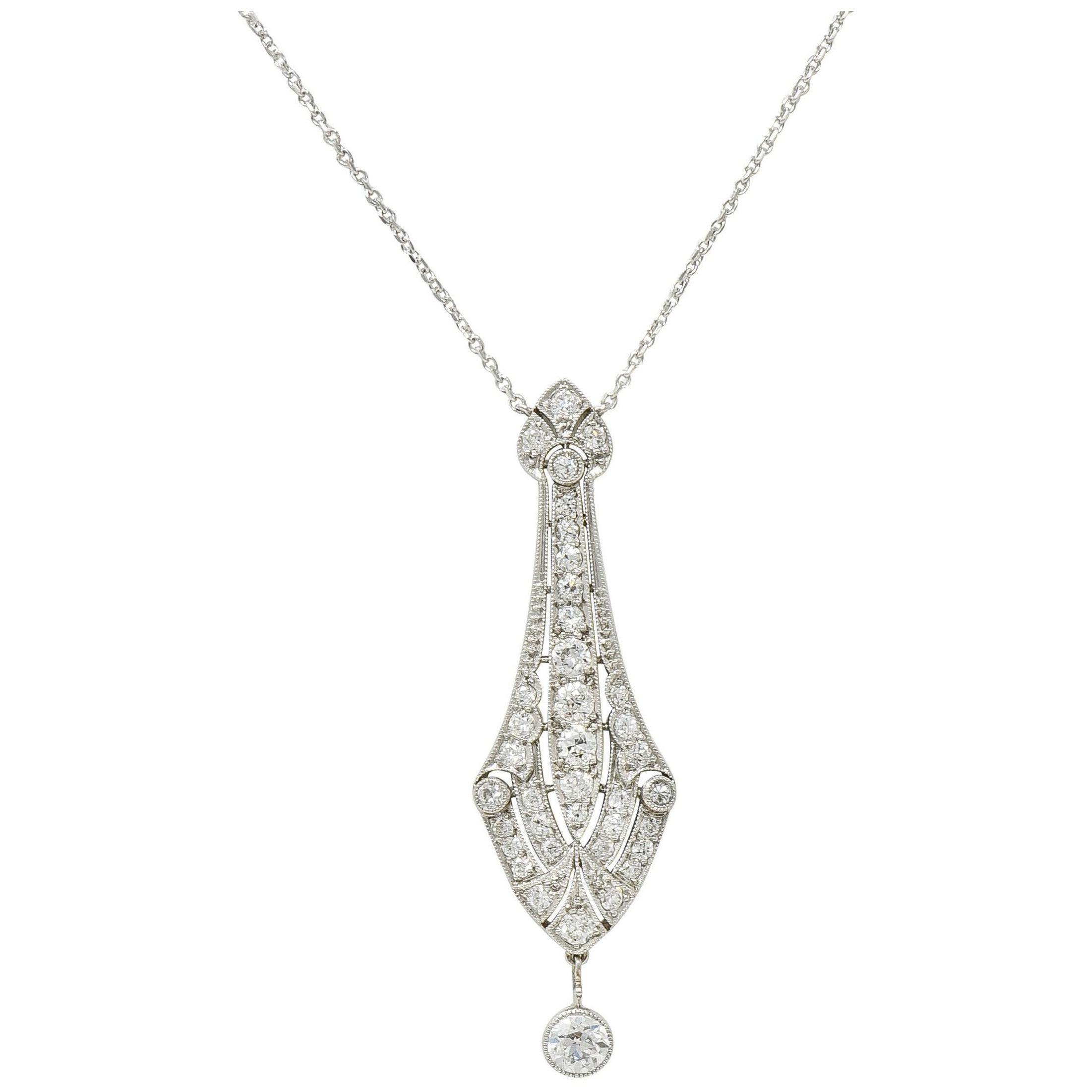 Art Deco Diamond Platinum 14 Karat Gold Pendant Vintage Drop Necklace For Sale