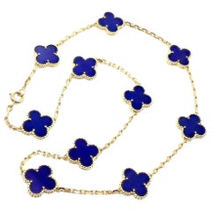 Vintage Van Cleef & Arpels 18K Yellow 10 Motif Gold Alhambra Blue Lapis Necklace