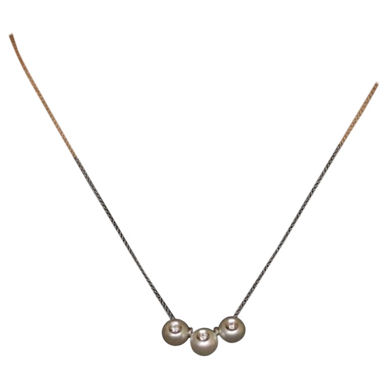 Galatea Cultured Pearl & Diamond Three-Stone Necklace 18" White Gold 14k .12ctw For Sale