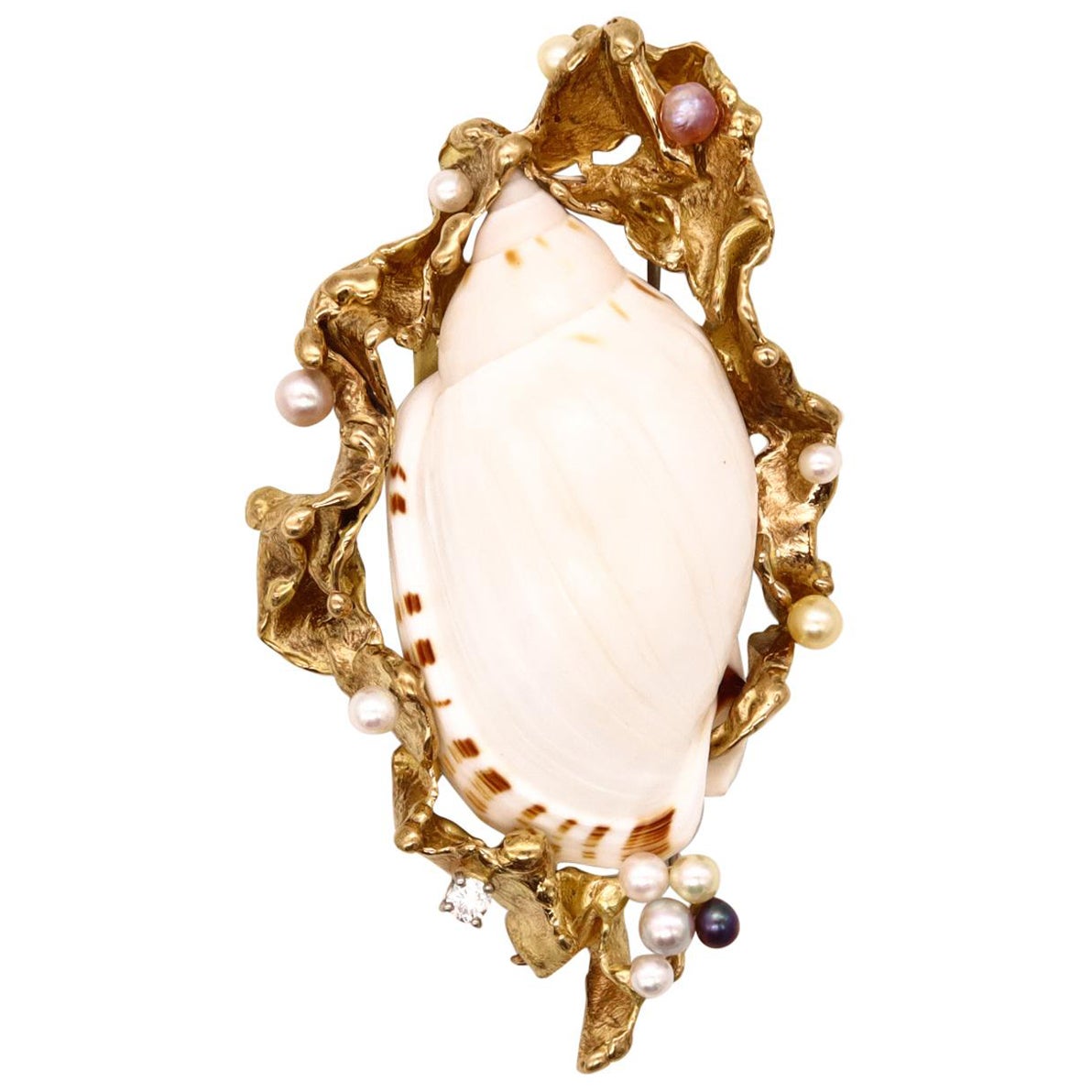 Gilbert Albert 1970 Swiss Modernist Pendant Brooch In 18Kt Gold Shell And Pearls For Sale