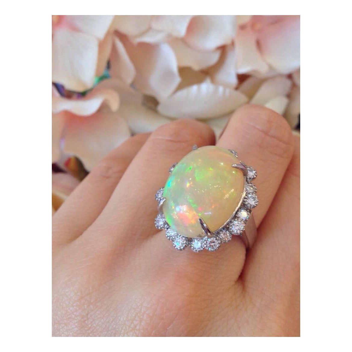 Estate 13.33 carat Natural Opal and Diamond Ring in Platinum For Sale