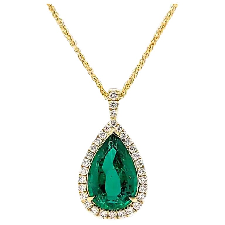 4.32 Carat GIA Halo Pear Shape Emerald Pendant with Diamonds & 18K Yellow Gold  For Sale