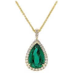4.32 Carat GIA Halo Pear Shape Emerald Pendant with Diamonds & 18K Yellow Gold 