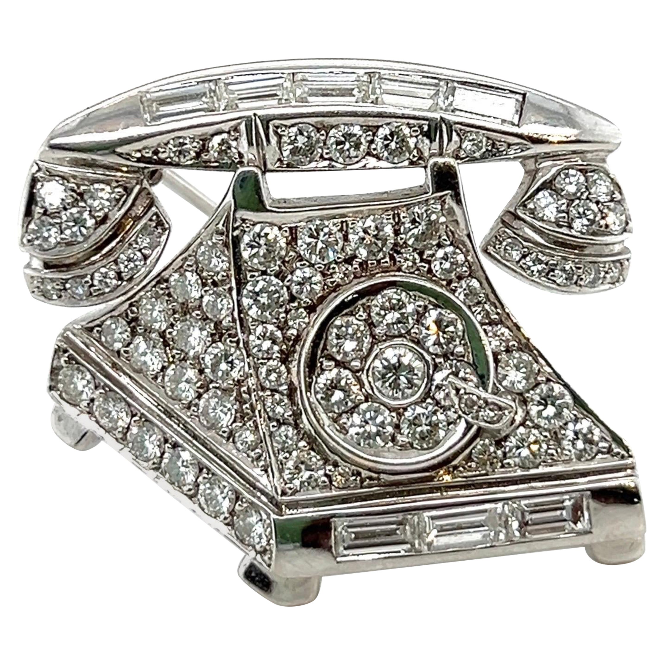 14 Karat White Gold and Diamond Dial Telephone Brooch For Sale