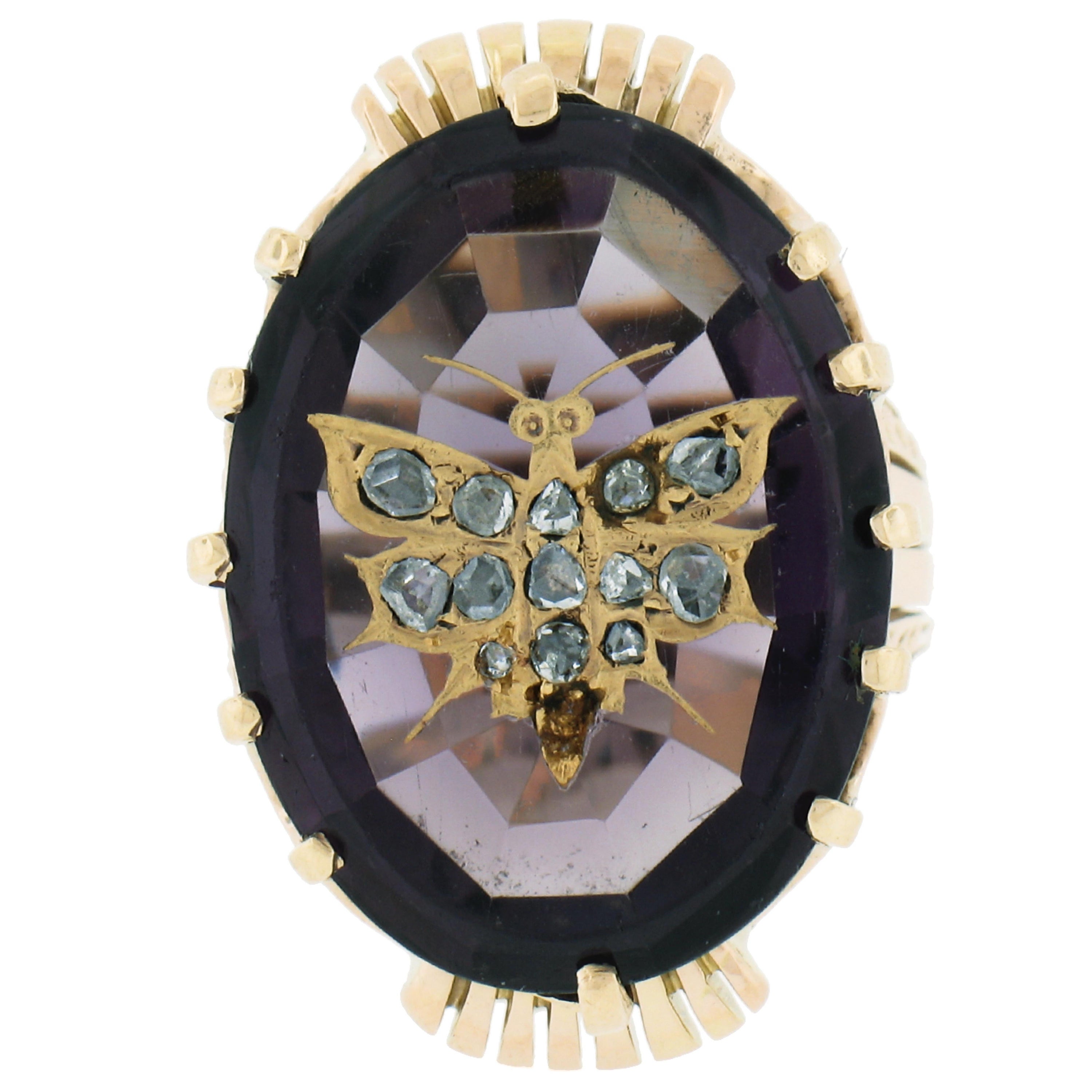 Antique 14k Gold Oval Amethyst & Rose Cut Diamond Butterfly Inlaid Cocktail Ring For Sale