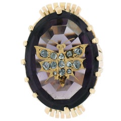 Antique 14k Gold Oval Amethyst & Rose Cut Diamond Butterfly Inlaid Cocktail Ring