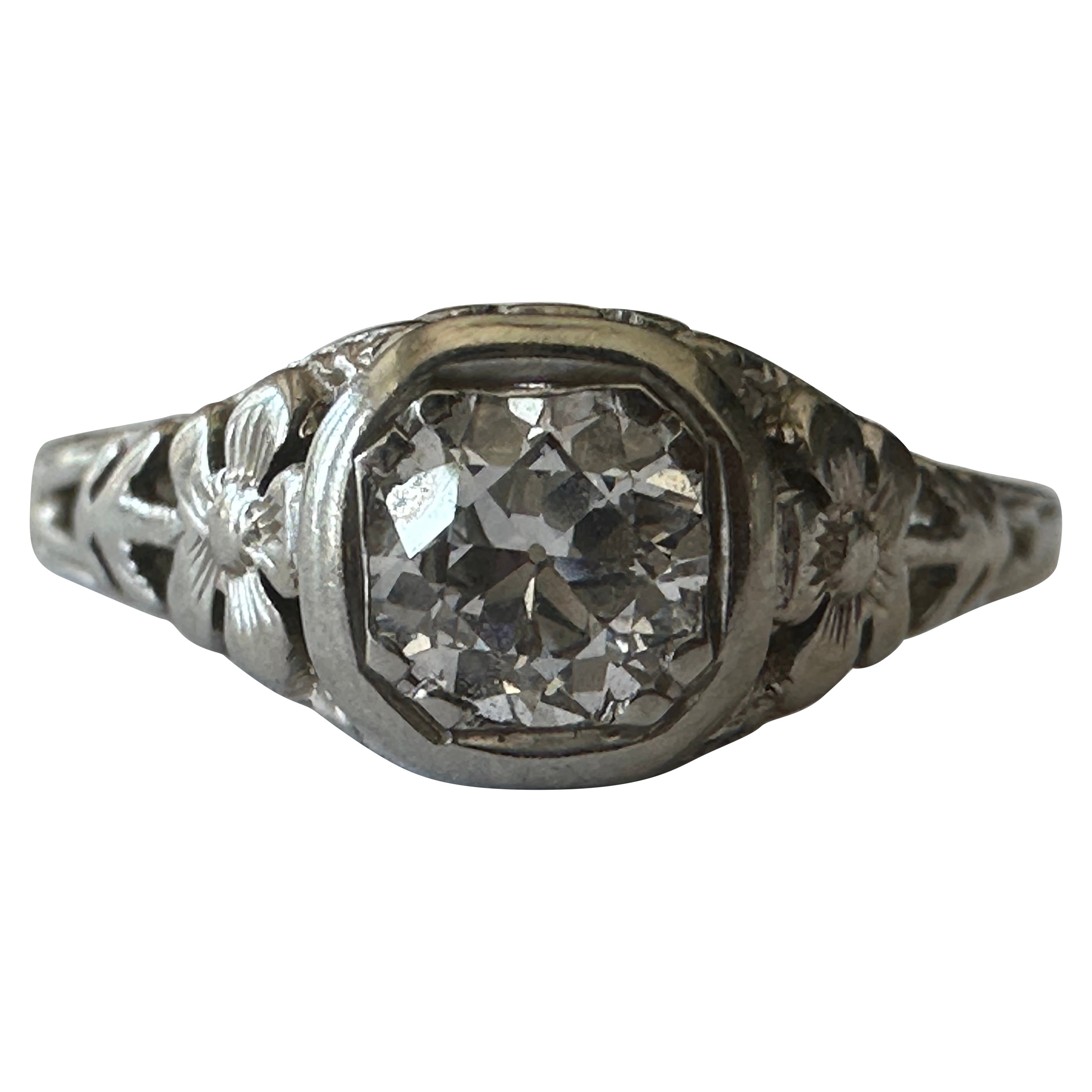 Art Deco Diamond Solitaire and Filigree Ring  For Sale