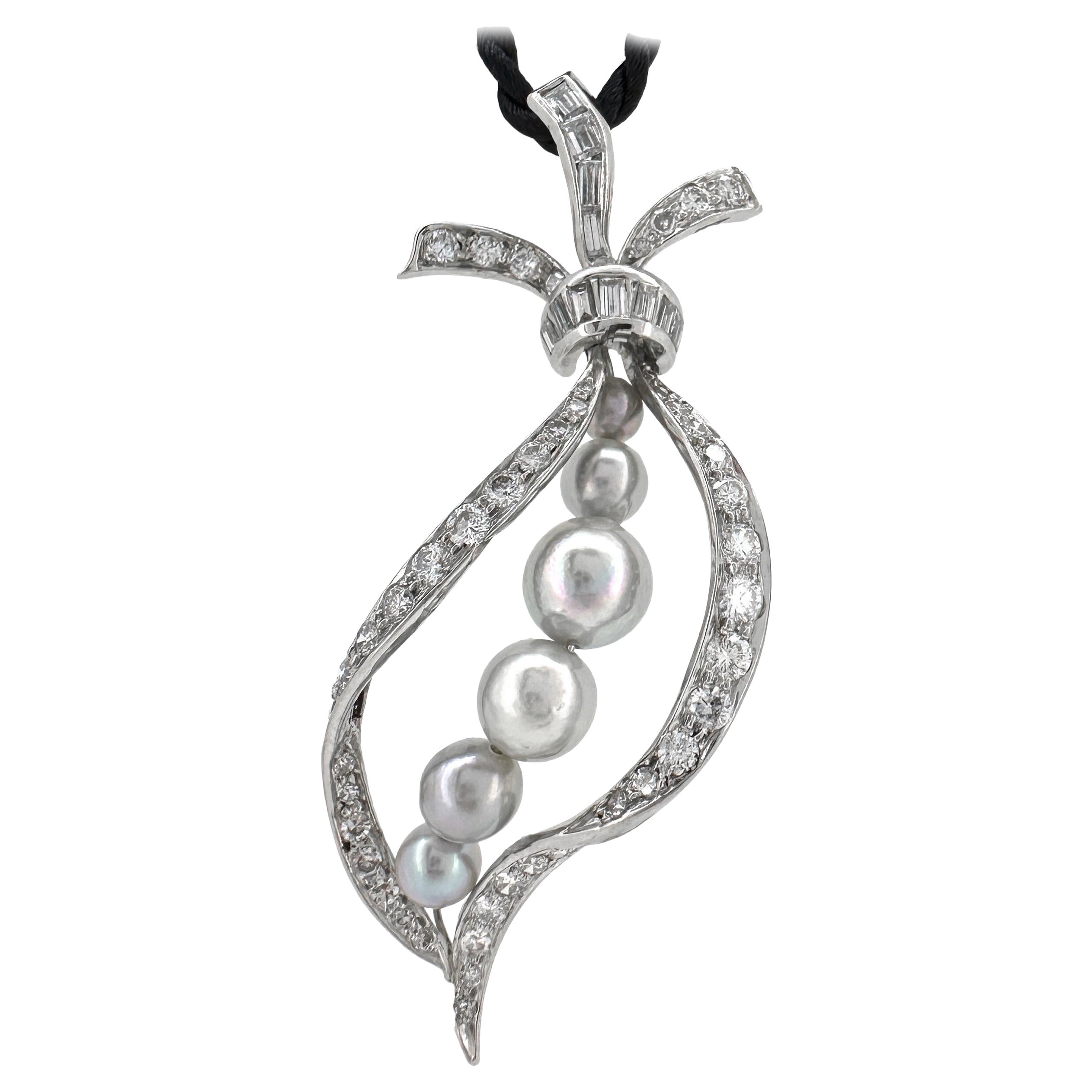 1 Carat Diamond Ribbon Pendant in Platinum with Silver-Blue Akoya Pearls For Sale