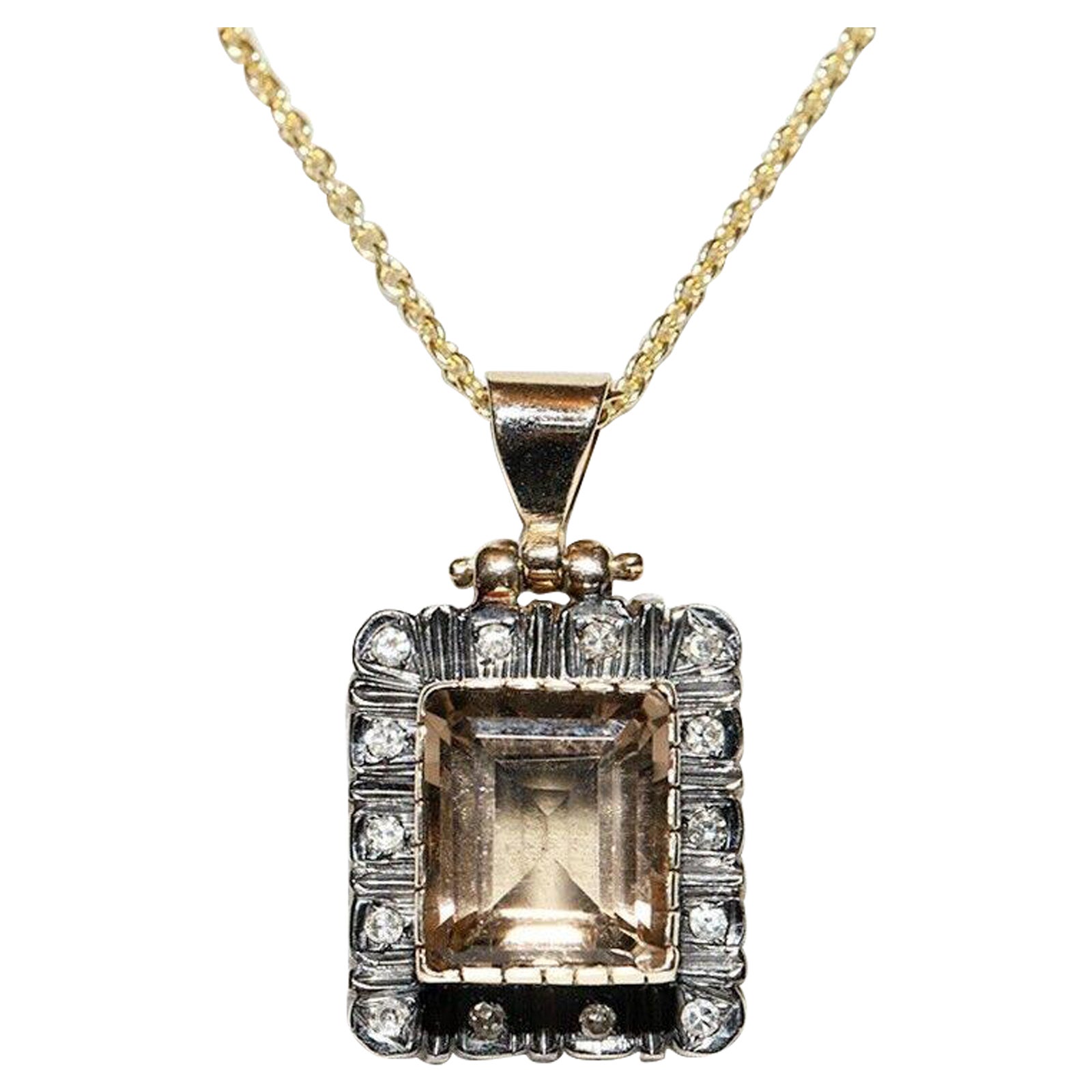 Antique Circa 1900s 14K Gold Natural Diamond And Smoky Topaz Necklace For Sale