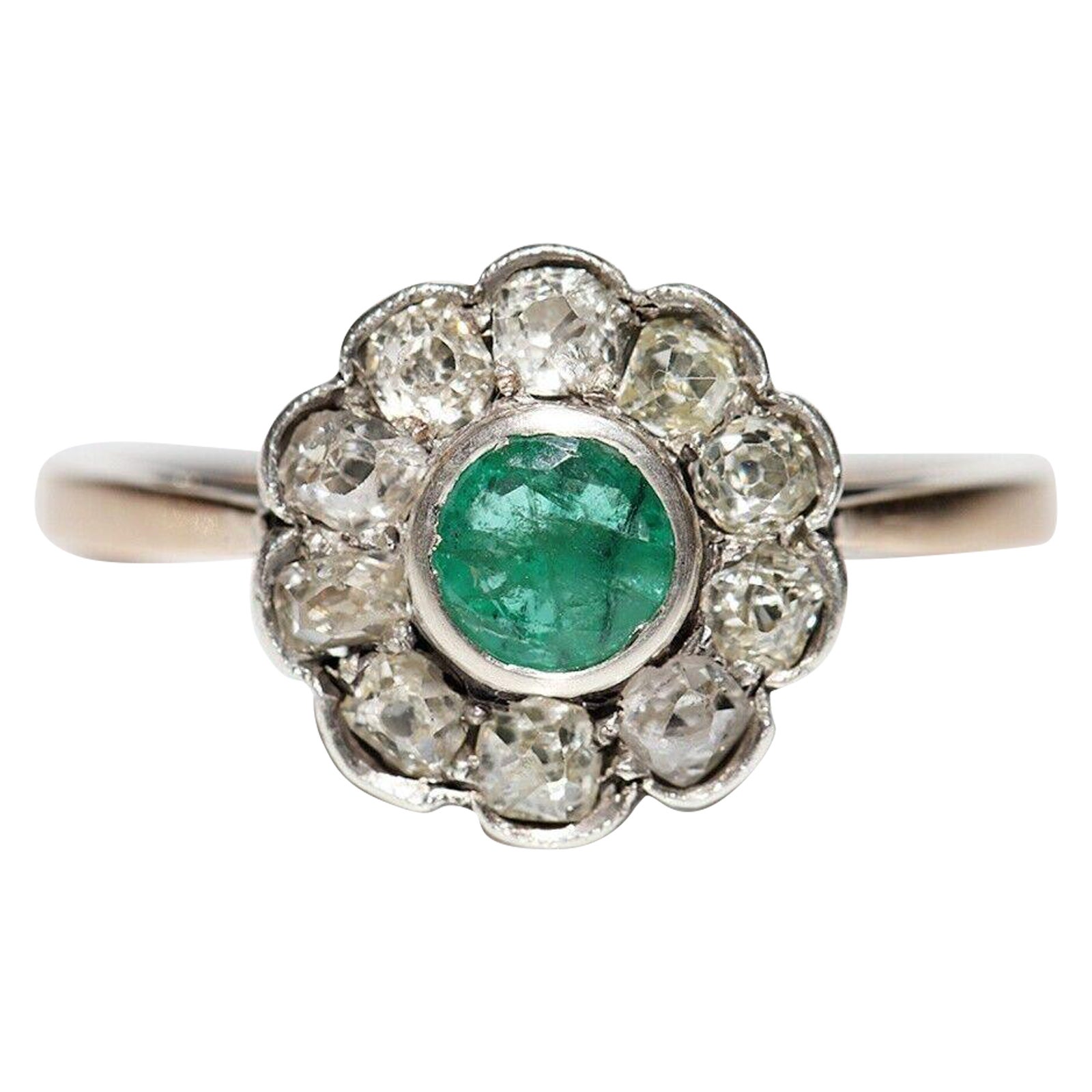 Antique Circa 1900s 14k Gold Natural Old Cut Diamond And Emerald Ring  For Sale