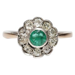 Antique Circa 1900s 14k Gold Natural Old Cut Diamond And Emerald Ring 