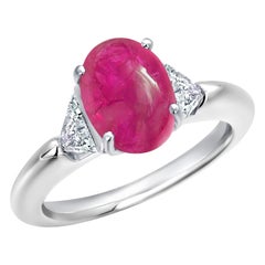 Bague de fiançailles vintage triangle diamant cabochon rubis de Birmanie 4,10 carats