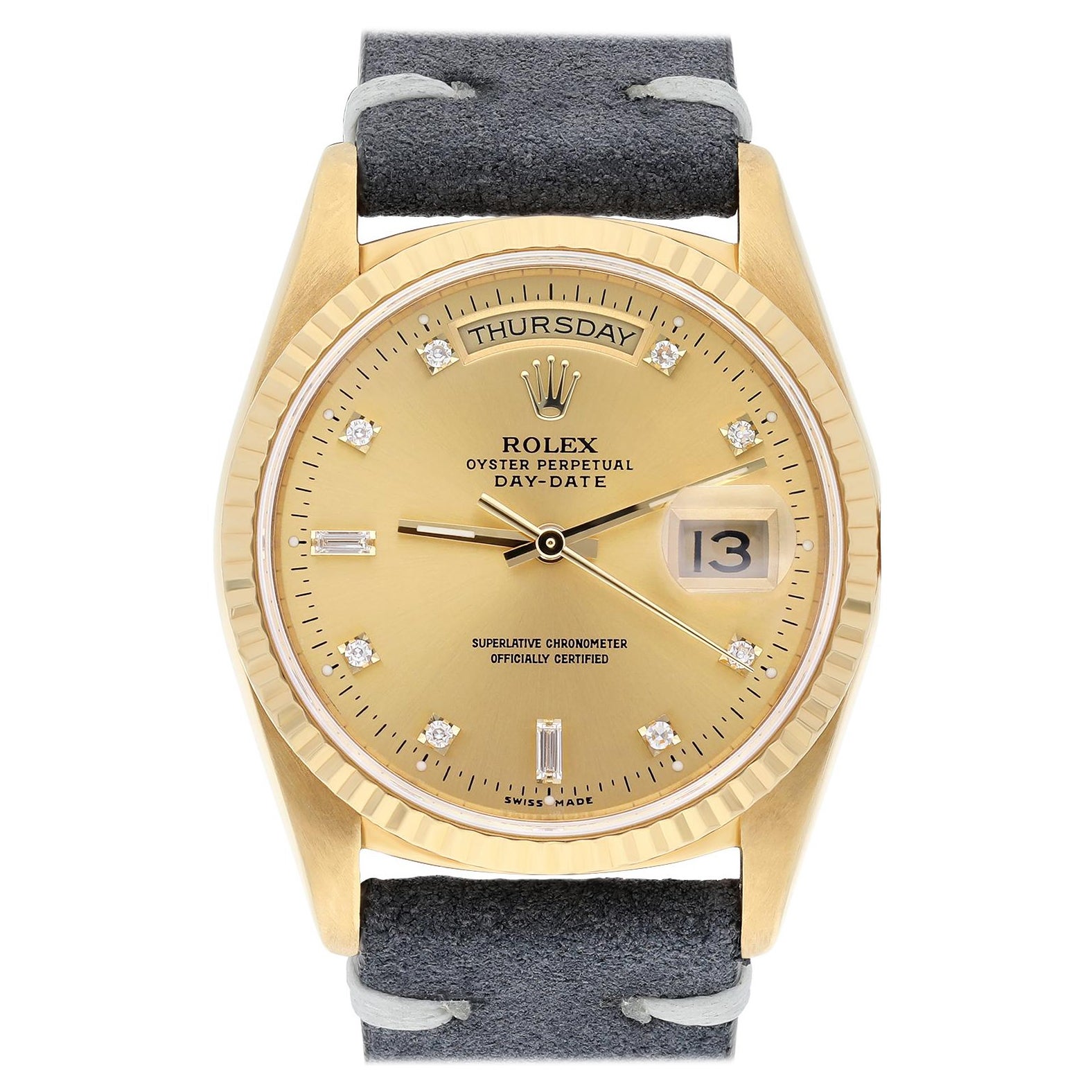 Rolex Day-Date 36mm 18238 18K Yellow Gold Watch Fluted Bezel Champagne Diamond For Sale