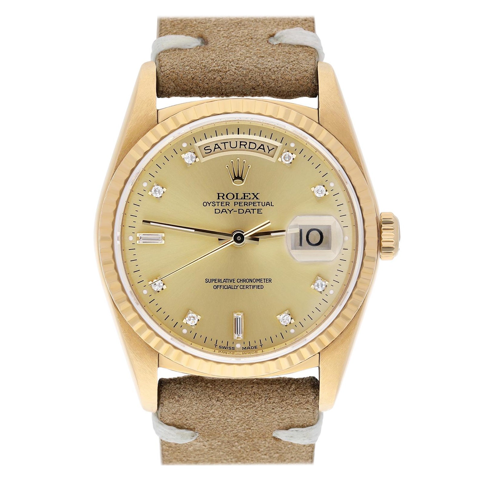 Rolex Day-Date 36mm 18238 18K Yellow Gold Watch Fluted Bezel Champagne Diamond For Sale