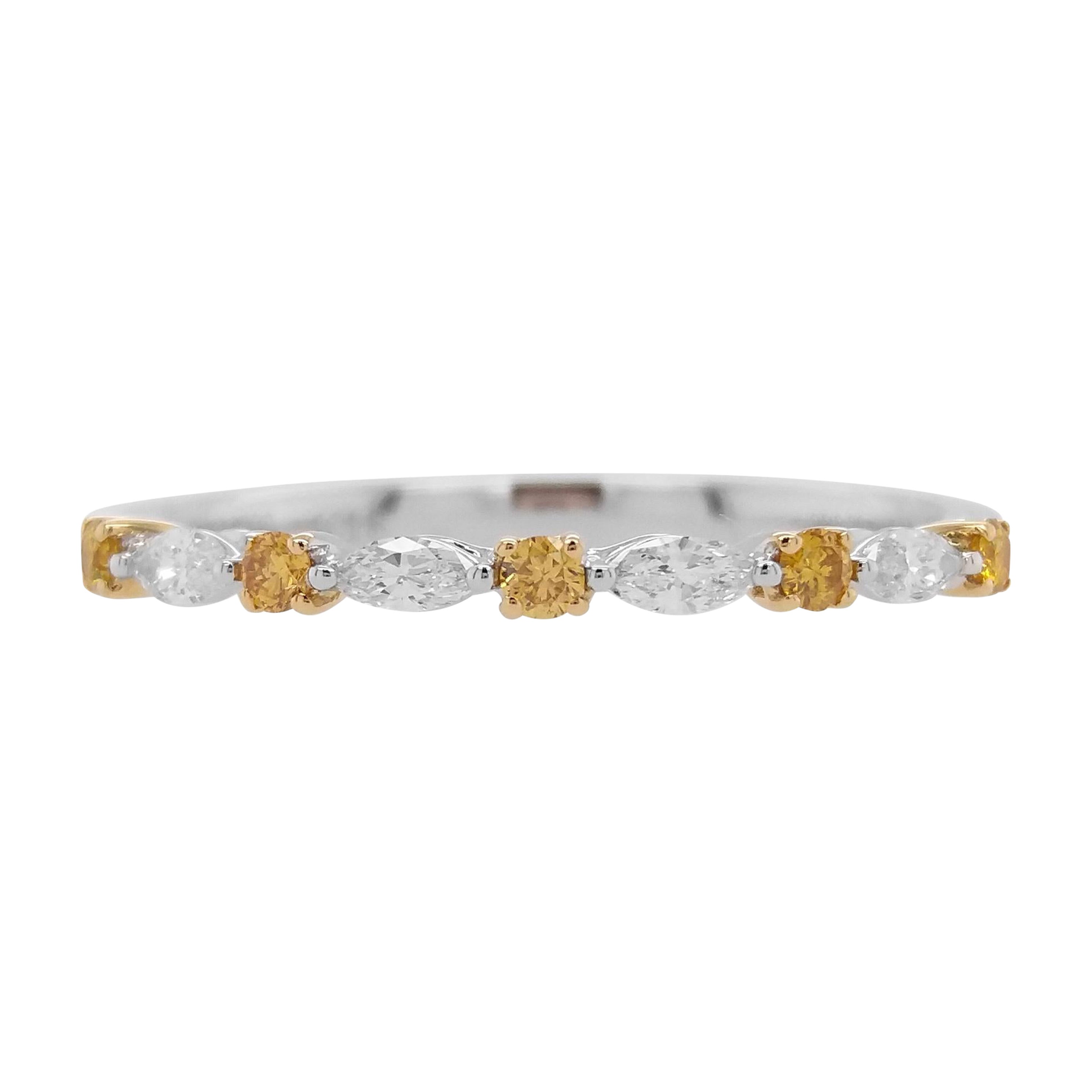 Round Yellow Diamond and White Marquise Diamond Band Ring made in 18K Gold For Sale