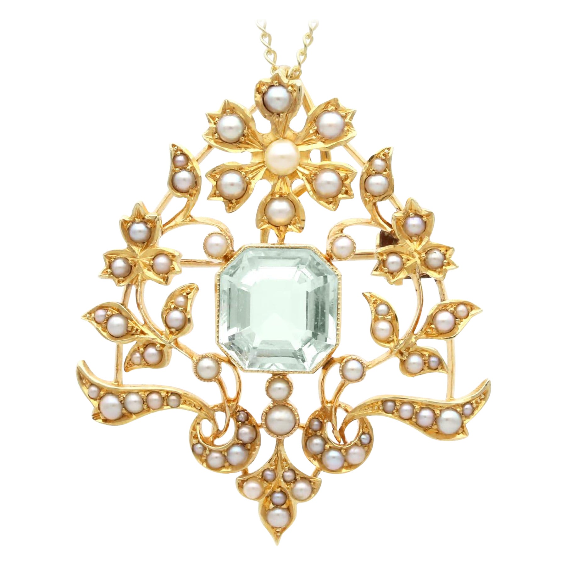 Antique 4.10Ct Aquamarine and Seed Pearl 15k Yellow Gold Pendant / Brooch 