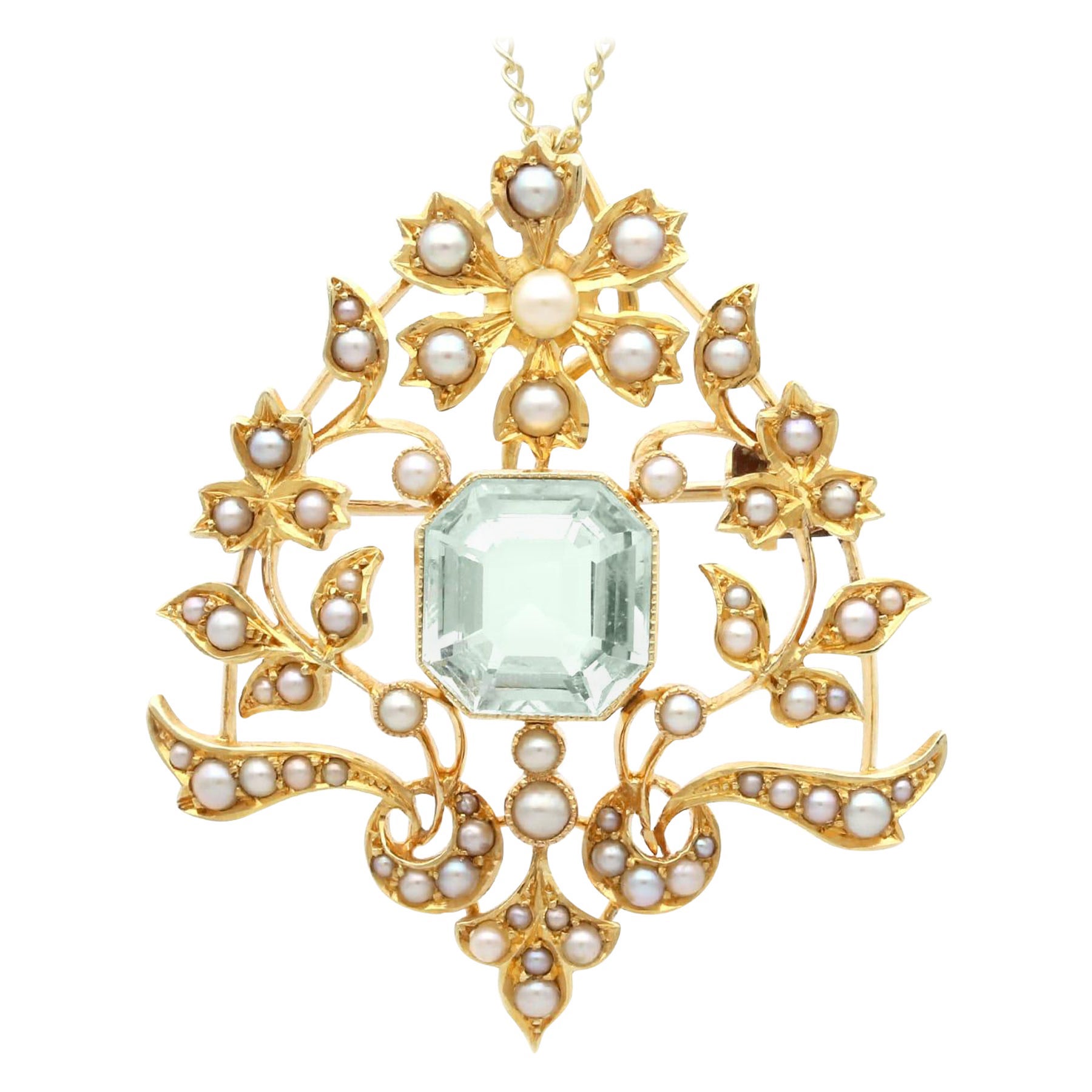 Antique 4.10Ct Aquamarine and Seed Pearl 15k Yellow Gold Pendant / Brooch