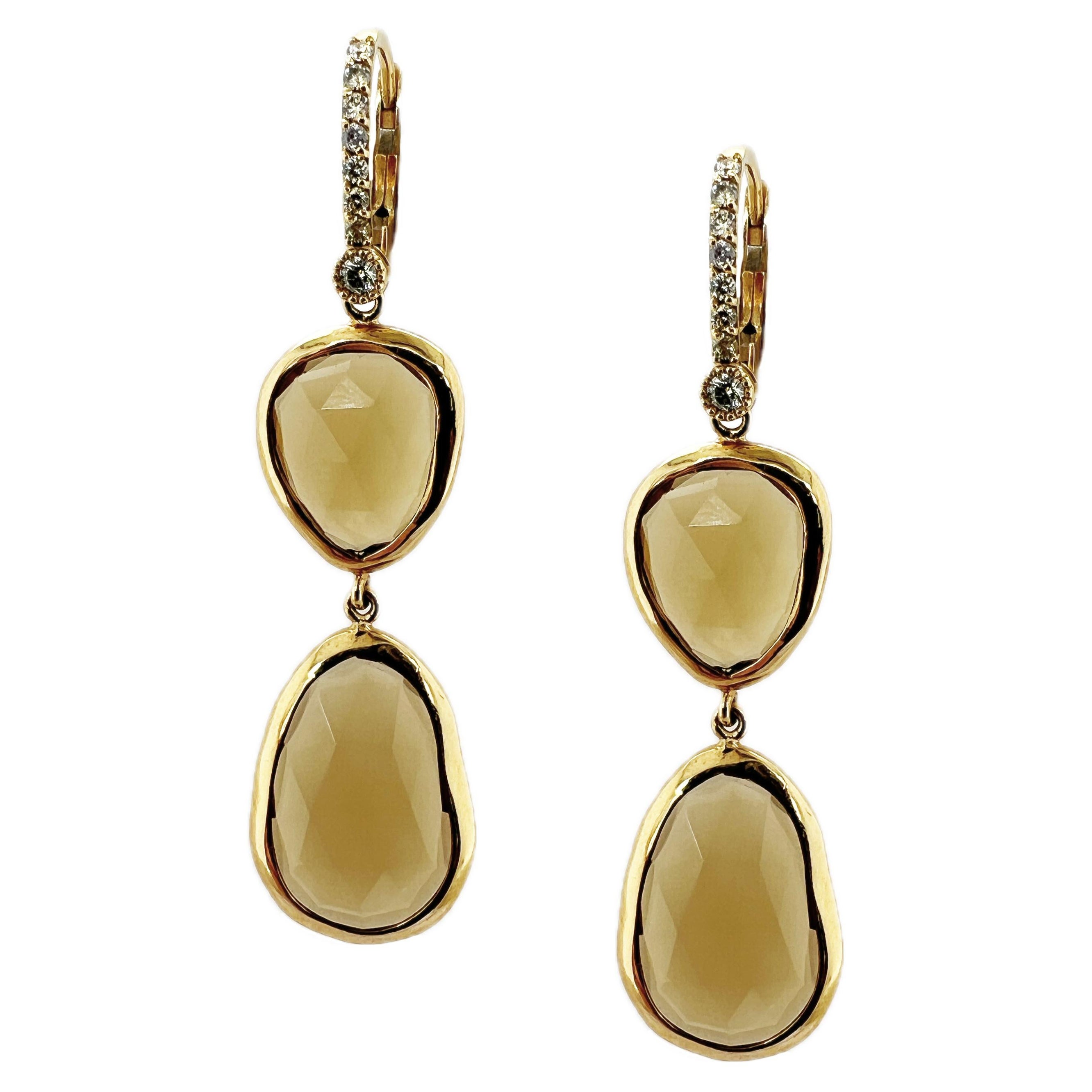 18kt rose gold earrings with diamonds & asymmetric smoky quartz For Sale