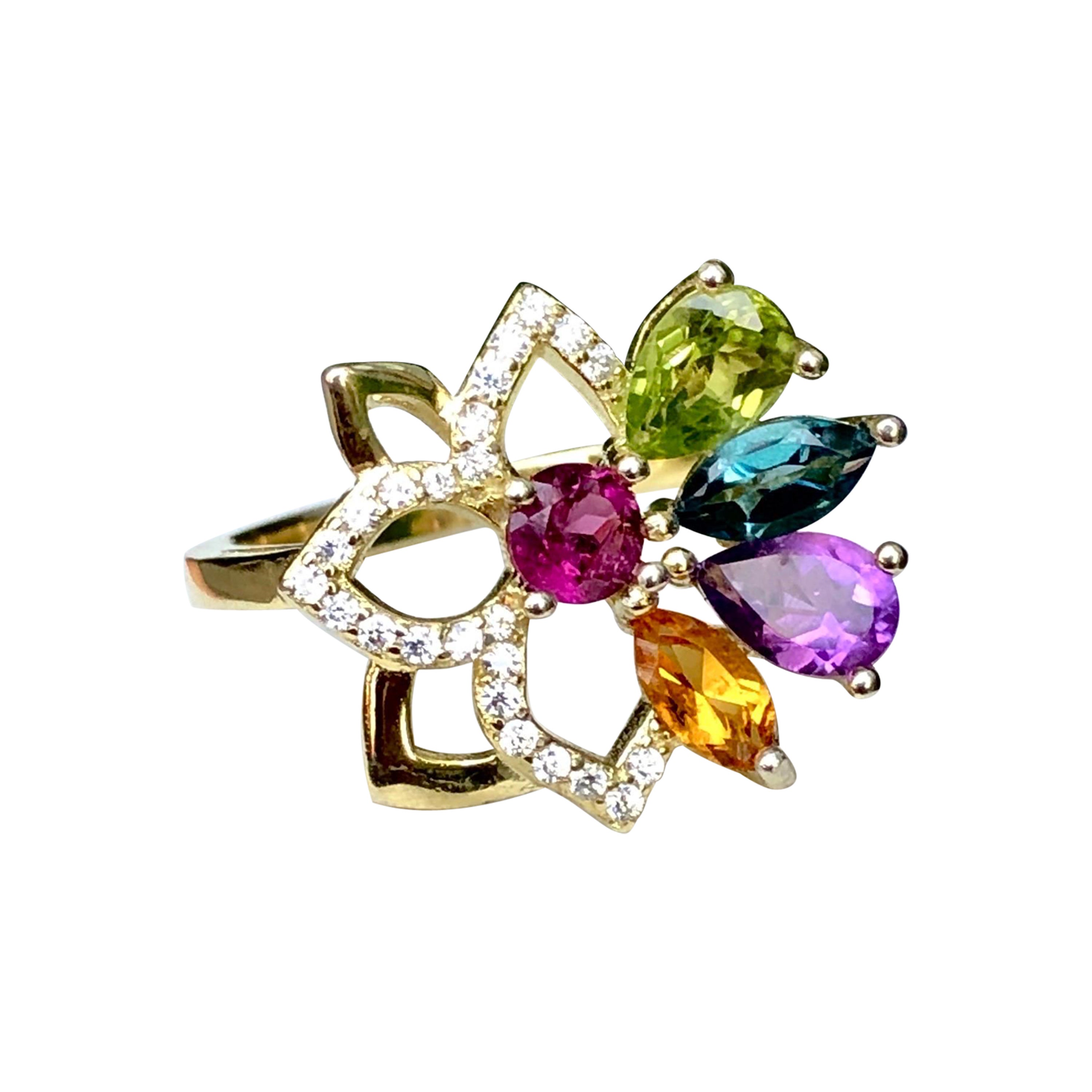 No Reserve Multi Gemstone Hold 925 Silver  Cubic Zirconia Ring  For Sale