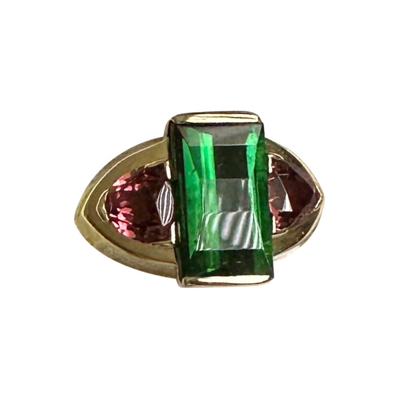 Green and Pink Tourmaline Ring Yellow Gold Antique Estate For Sale