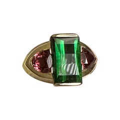 Green and Pink Tourmaline Ring Yellow Gold Antique Estate