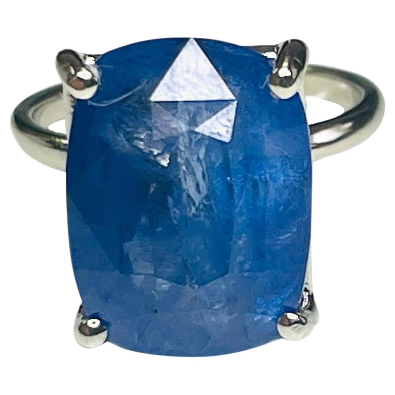 13.42 Carat Intense Blue Cushion Cut Natural Sapphire 14K White Gold Ring For Sale