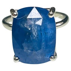 13.42 Carat Intense Blue Cushion Cut Natural Sapphire 14K White Gold Ring