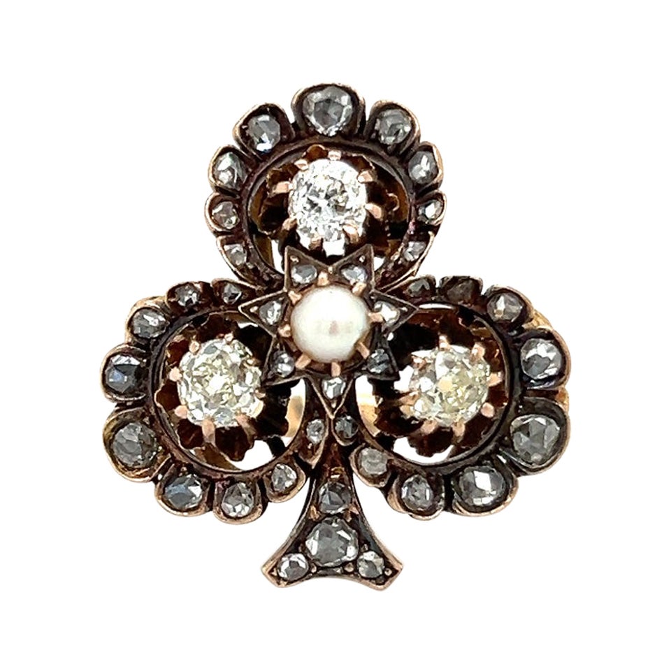 Viktorianischer vierblättriger Kleeblatt Ring Alte Mine Diamanten & Natürliche Perle Edelstein  im Angebot