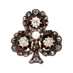 Victorian Four Leaf Clover Ring Old Mine Diamonds & Natural Pearl Gemstone 