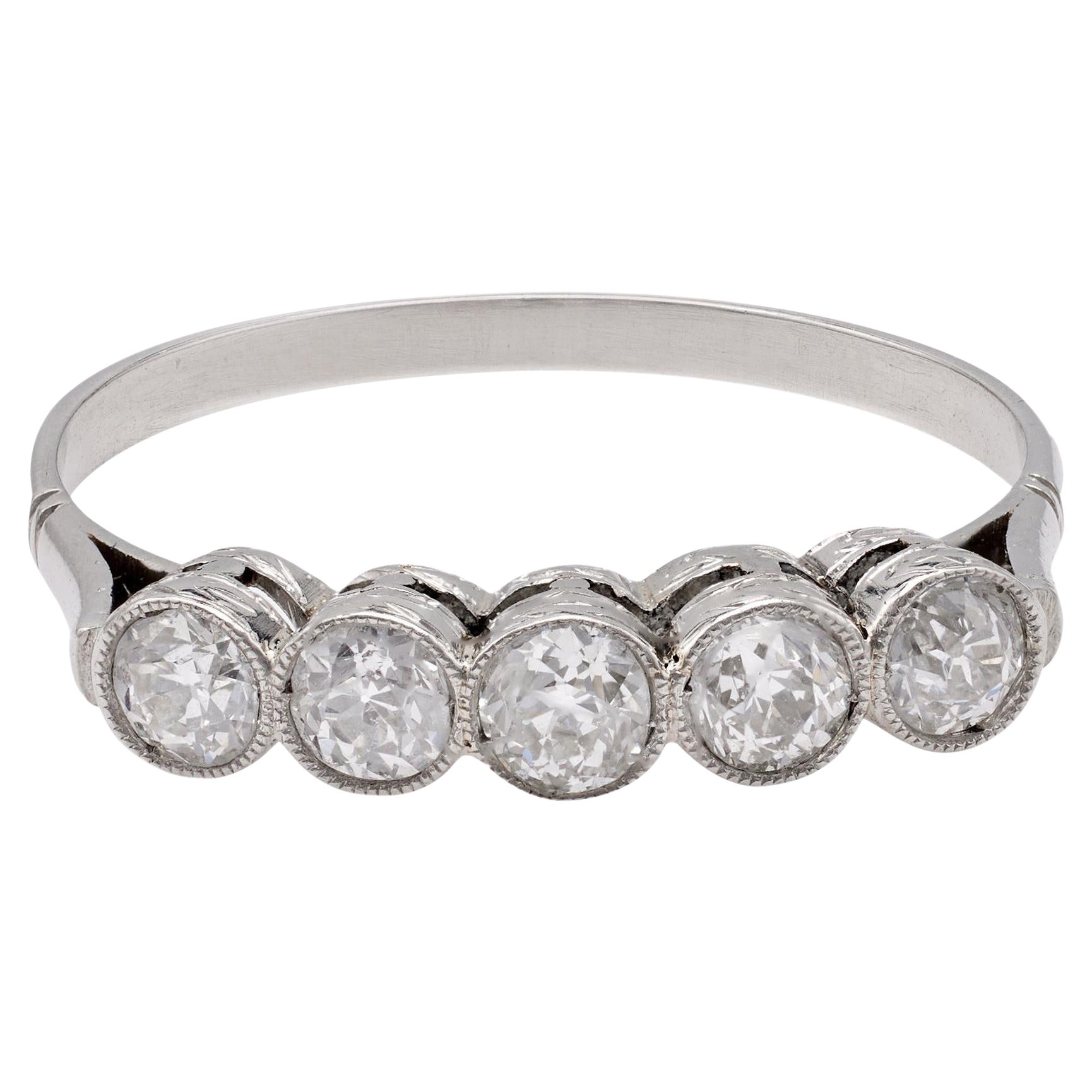 Art Deco Diamond Platinum Five Stone Ring For Sale
