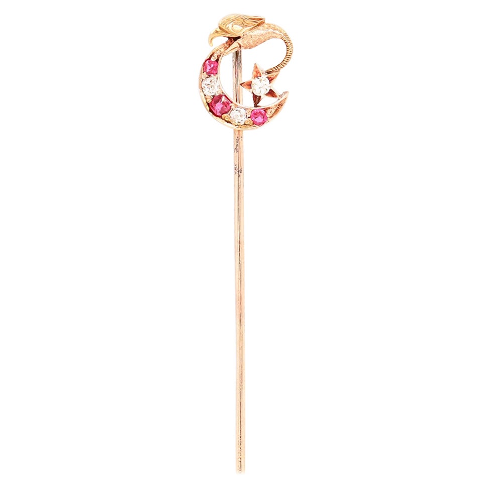 Victorian 14k Gold, Diamond, and Red Spinel Moon & Dragon Stickpin For Sale