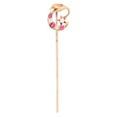 Spillone vittoriano in oro 14k, diamanti e spinello rosso con luna e drago
