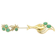 Vintage Emerald Diamond Gold Fish Jabot Pin Brooch