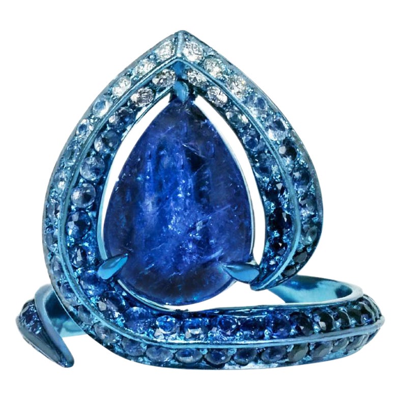 Blue Titanium Ring, Tanzanite Cabochon 2.25ct. Sapphires 1.87ct. Diamonds 0.12ct For Sale