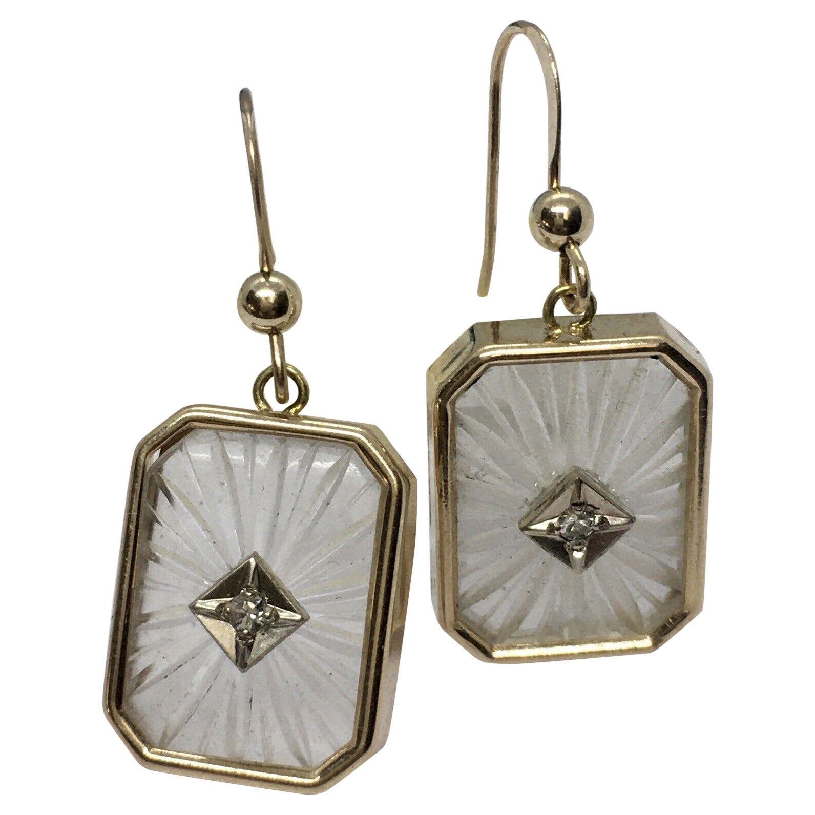 Art Deco Style 14k Yellow Gold Camphor Glass Diamond Earrings For Sale