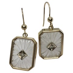 Art Deco Style 14k Yellow Gold Camphor Glass Diamond Earrings