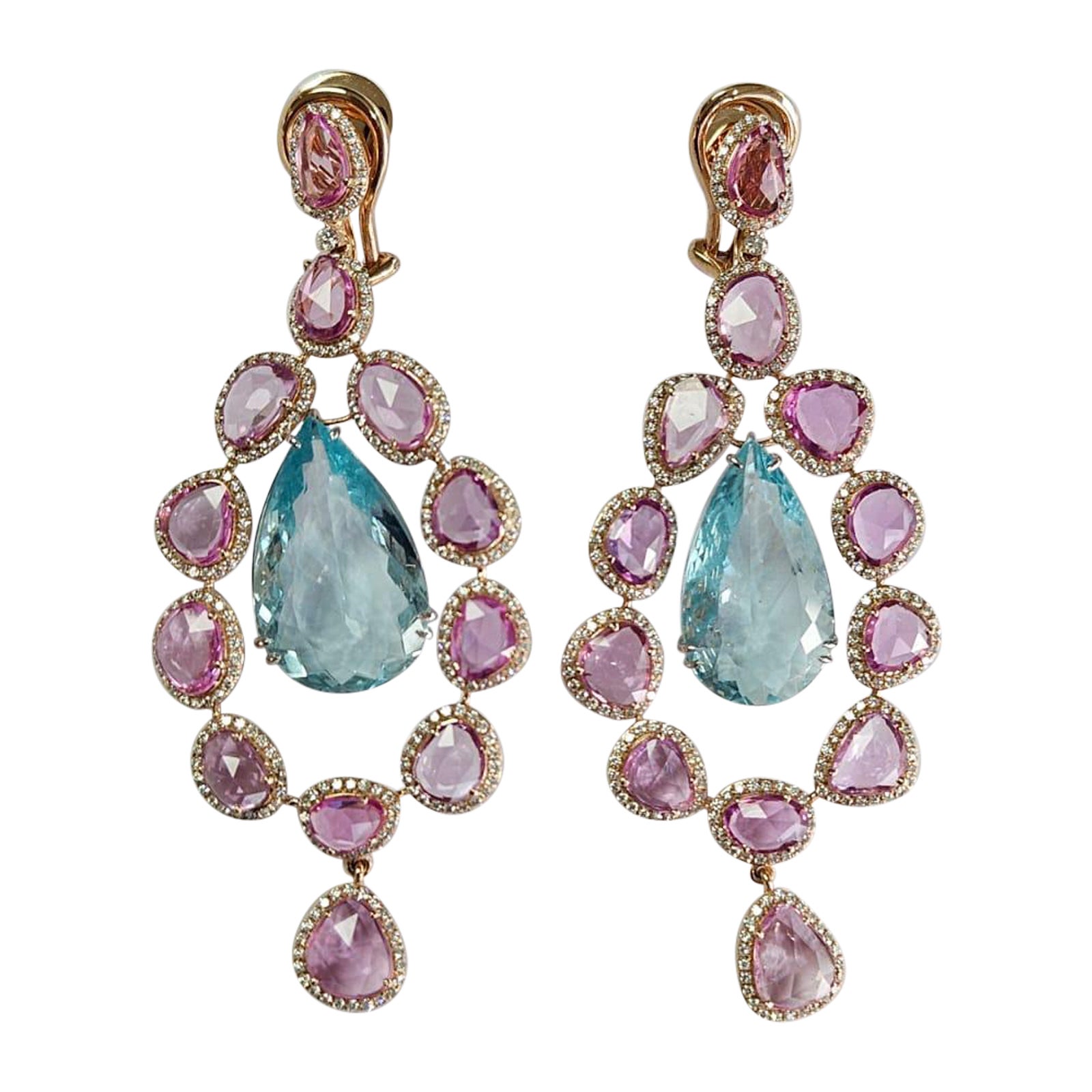 Set in 18K Rose Gold, Aquamarine, Pink Sapphires & Diamonds Chandelier Earrings For Sale