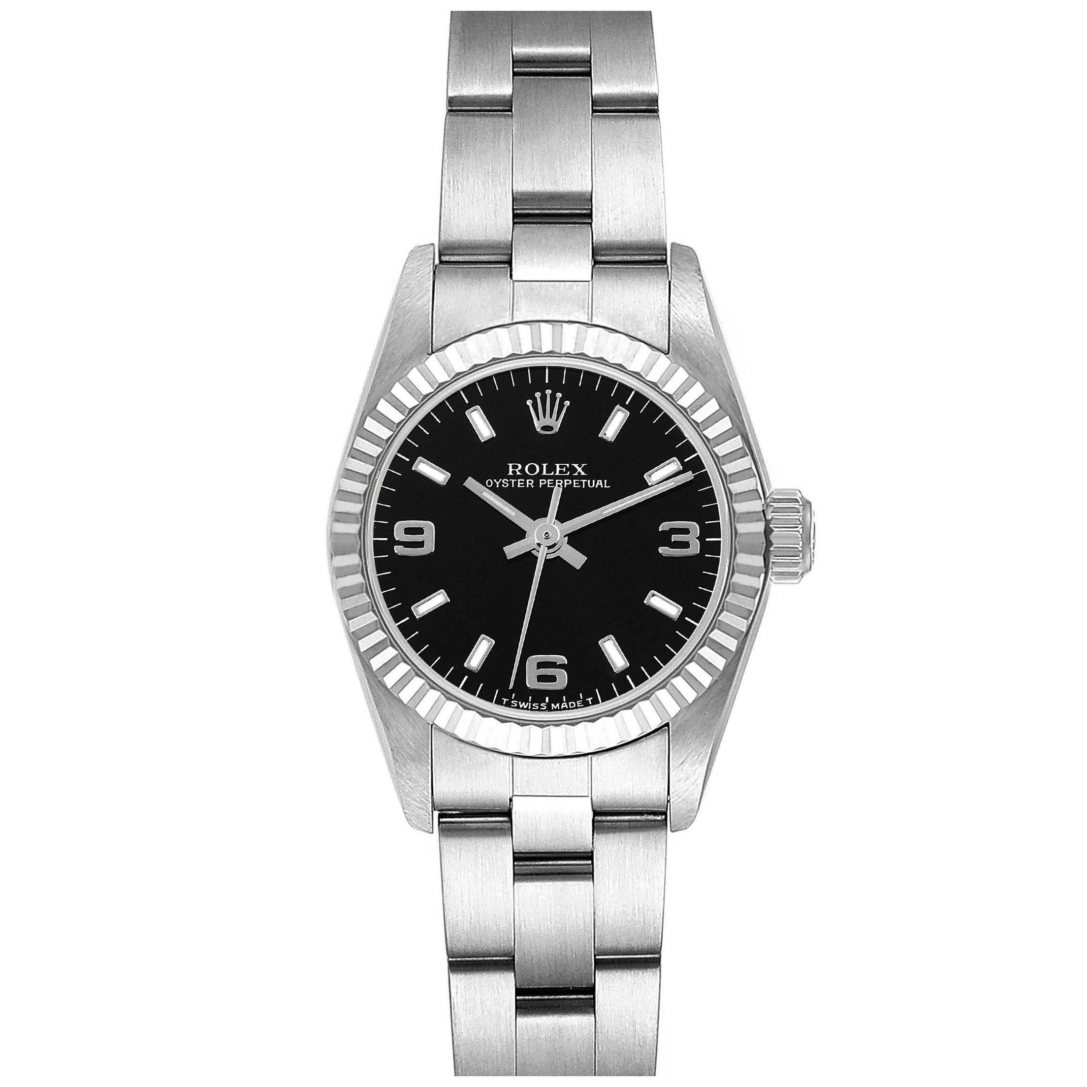 Rolex Oyster Perpetual Black Dial Steel White Gold Ladies Watch 67194