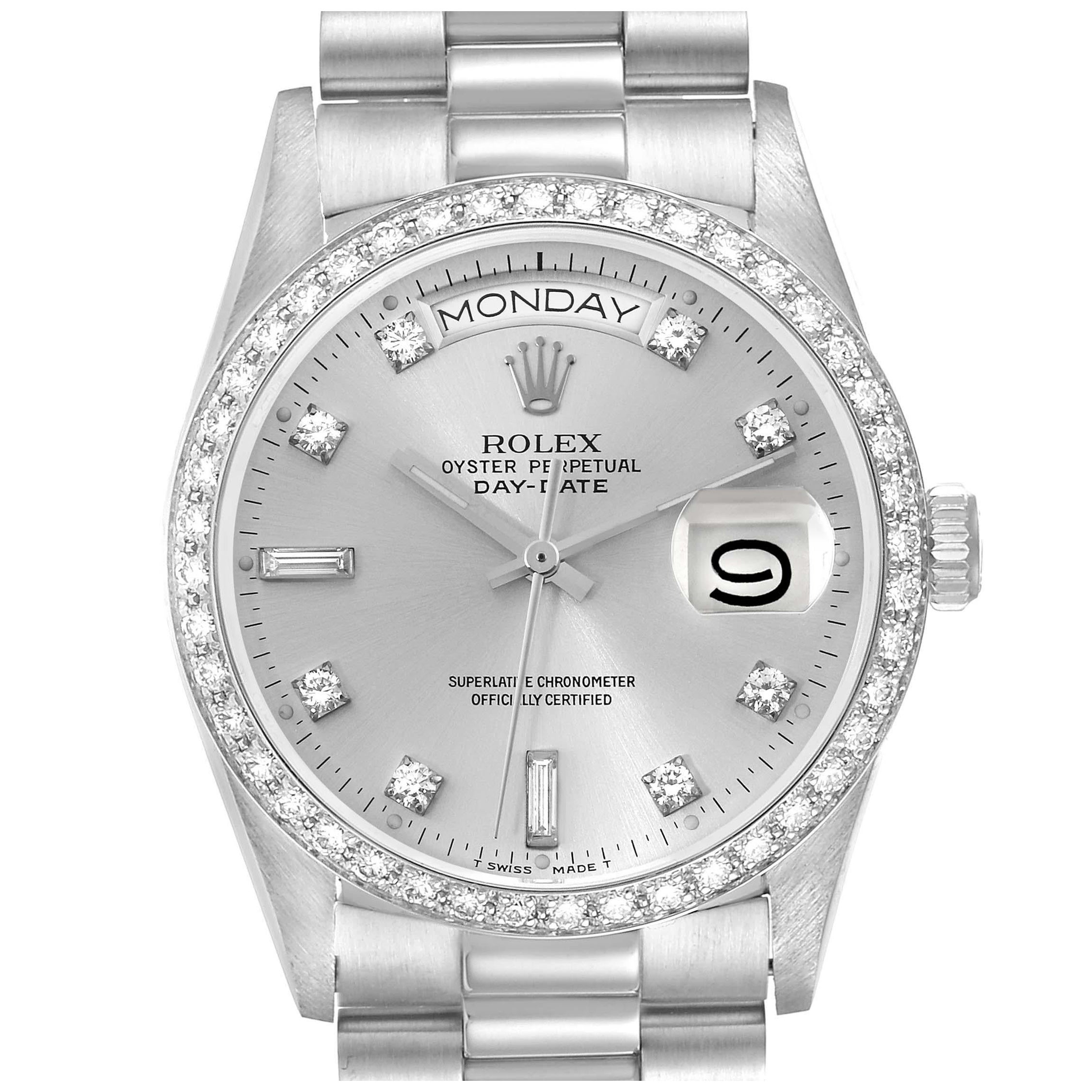 Rolex Montre President Day-Date avec cadran en argent et diamants, pour hommes 18046 en vente