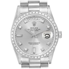 Used Rolex President Day-Date Silver Dial Platinum Diamond Mens Watch 18046